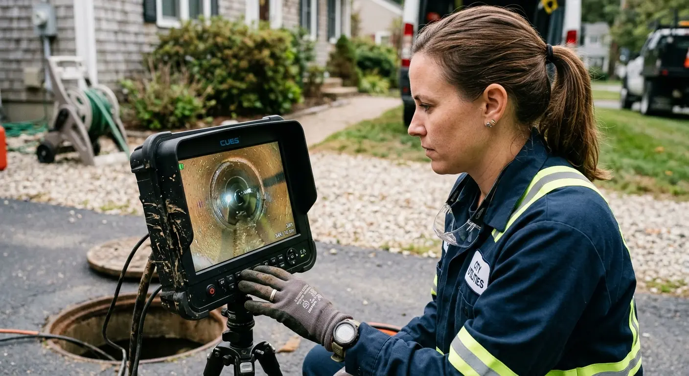 Technician reviewing sewer camera inspection footage in Huntersville