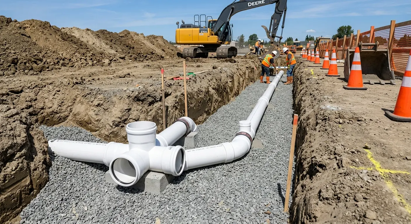 New PVC sewer pipe installation in open trench for Commercial Drain Cleaning in Huntersville