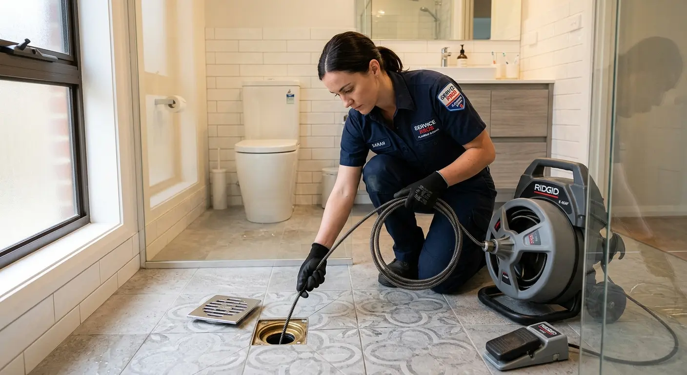 Technician clearing a bathroom floor drain for Hydro Jetting in Huntersville